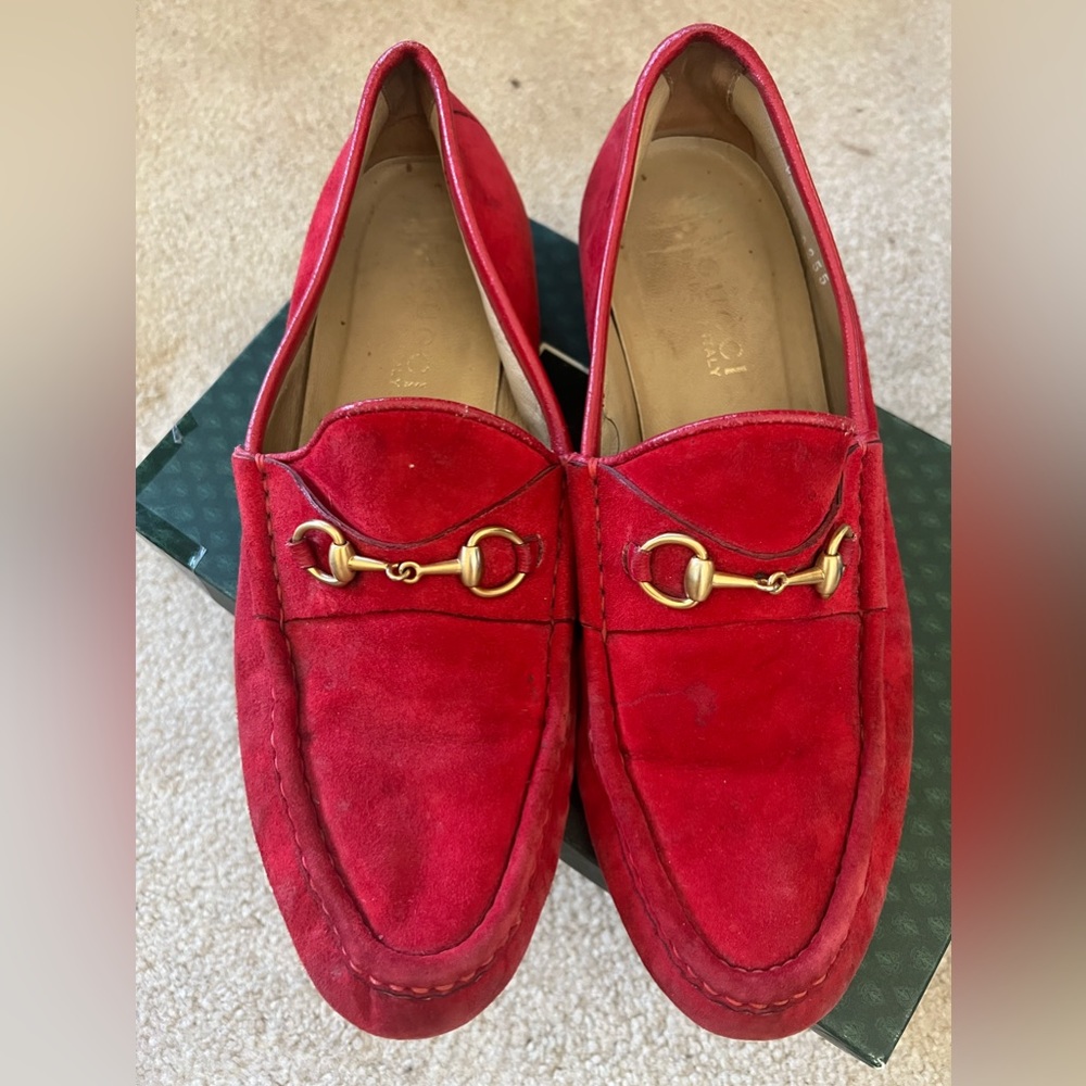 Iconic red suede Gucci horse but loafers 9 1/2 AA worn in so pls look at photos